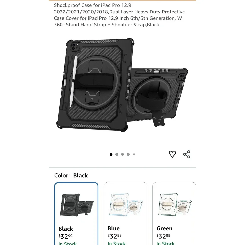 Shockproof Tablet Case iPad Pro 12.9 Black Rugged Stand Strap 360 degree swivel